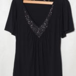 BHS/lady's black V neck top with beads design at front, size 10