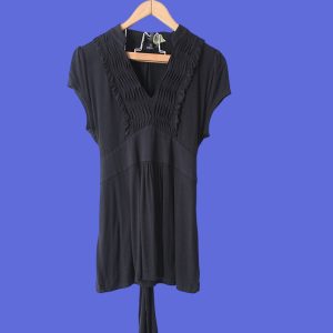 NEXT / Lady's black short arm top with folded cripple front design, elastic body and waist belt, size M